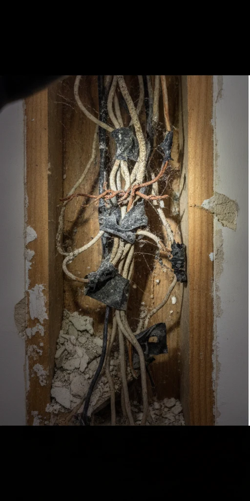 Old deteriorated wire splice inside a wall cavity in a Kenwick home before repair