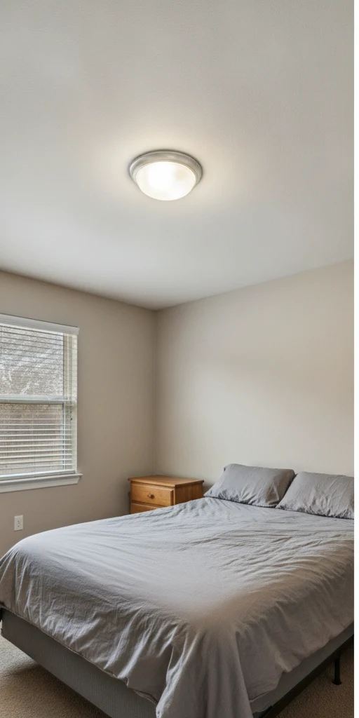 Basic overhead light fixture in a Masterson Station bedroom before ceiling fan installation